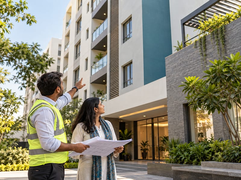 Well-maintained Bengaluru apartment exterior in warm daylight