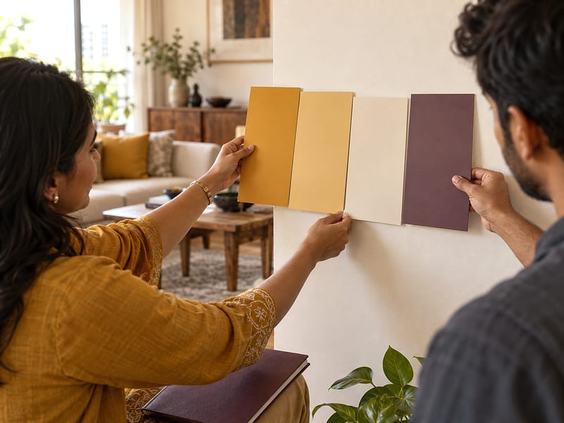 Curated paint swatches and colour samples in a bright lived-in interior