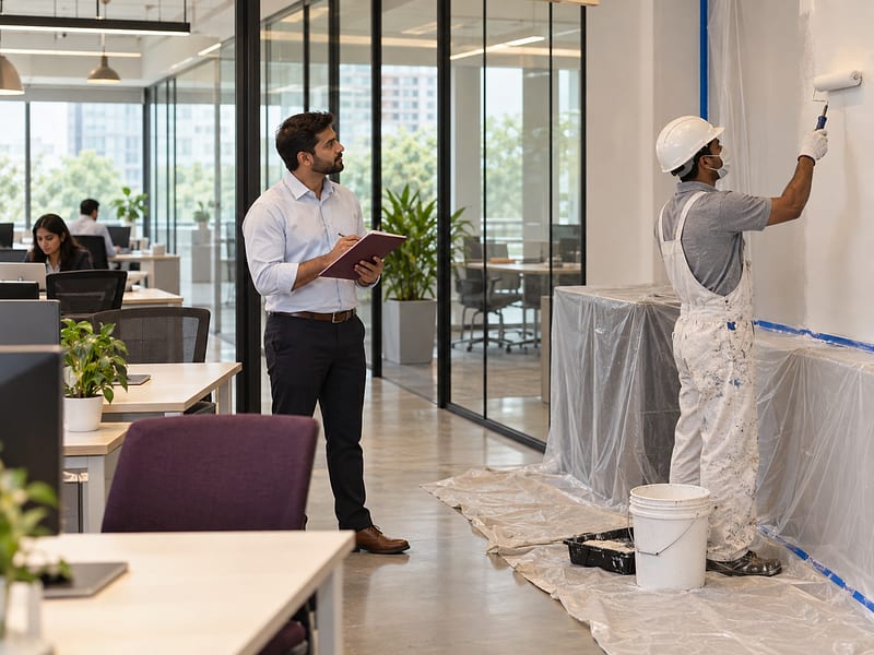 A supervised office repaint contained to a tidy work zone.
