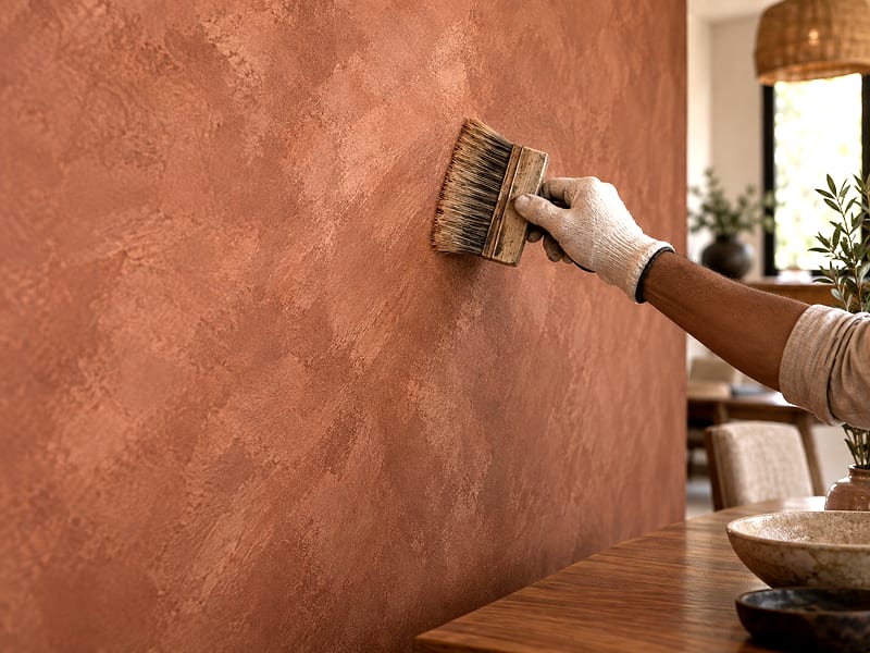 A broad brush applying a softly textured clay-coloured wall finish.
