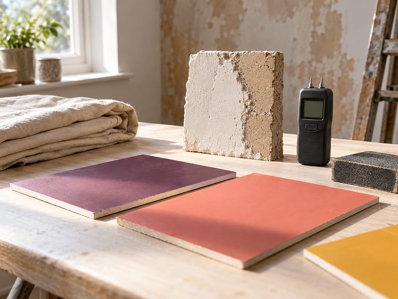 Paint tools, finish cards and practical guides arranged on a worktable
