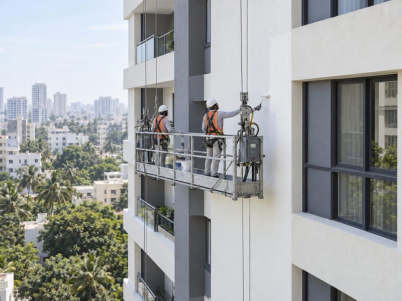 Trained exterior painting team working safely on a high-rise facade