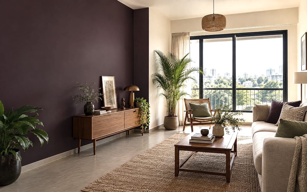 A calm contemporary living room with a deep aubergine feature wall and crisp edges against warm white walls.