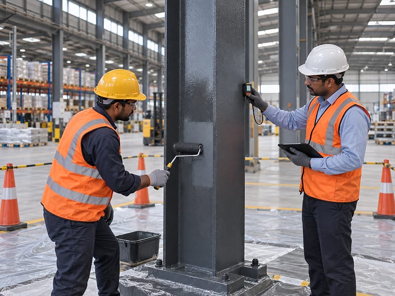 Two coating specialists applying and inspecting a protective finish on a steel column.