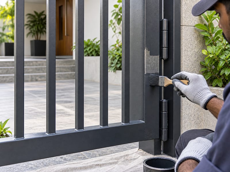 Painter refinishing a metal gate after careful surface preparation