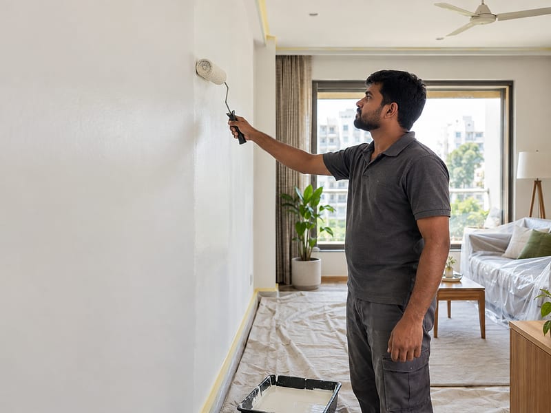 A painter applying a fresh coat to a protected apartment living room.
