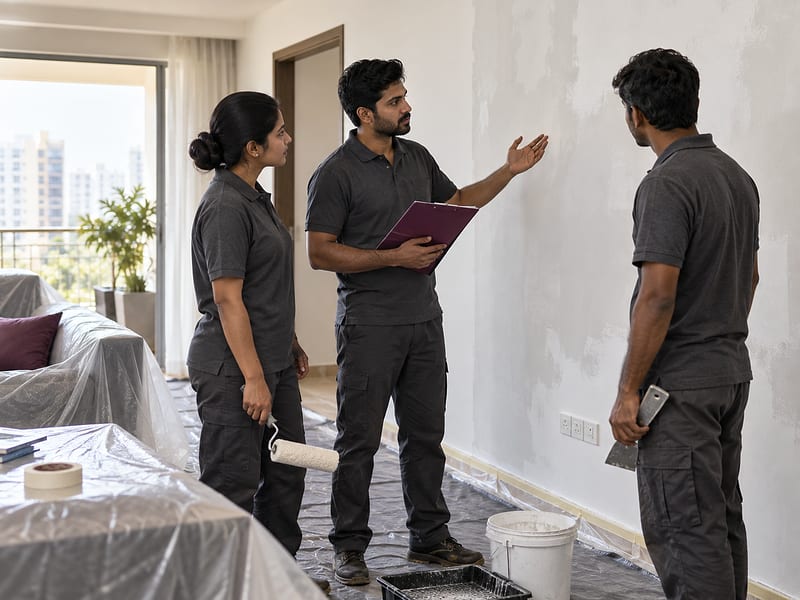 Painting supervisor reviewing protected surfaces and finish quality