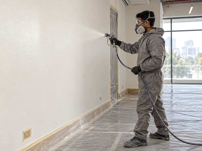 Controlled spray painting in a protected and ventilated work area