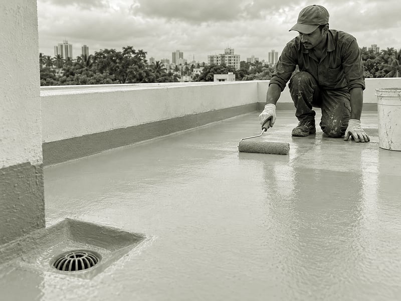 Waterproof roof coating being applied to a residential terrace