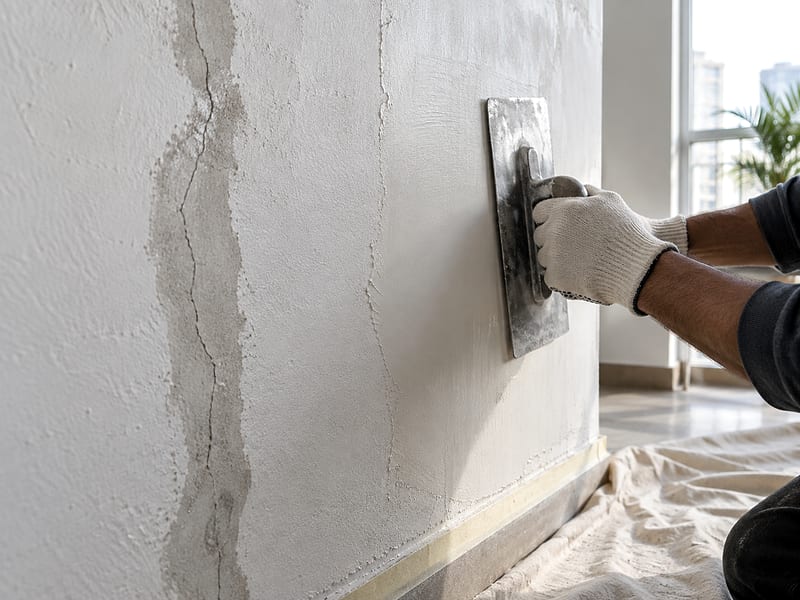 A wall repair specialist levelling fresh plaster beside a repaired crack.