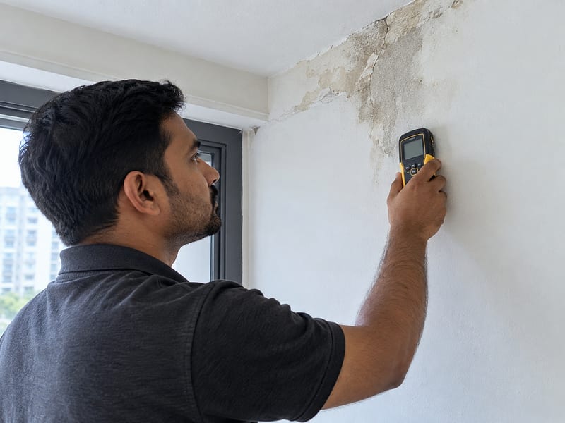 A specialist using a moisture meter to inspect a damp patch.