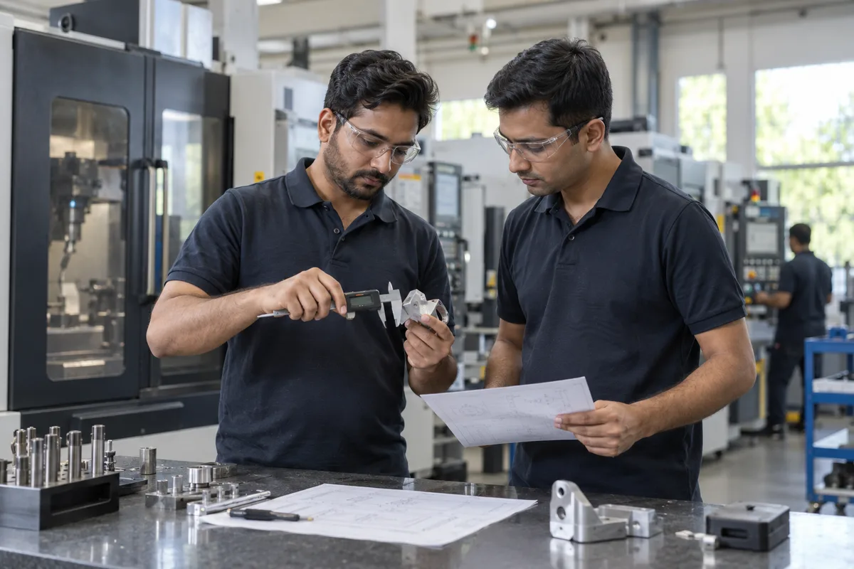 Engineers inspect a machined aerospace component at a CNC workshop