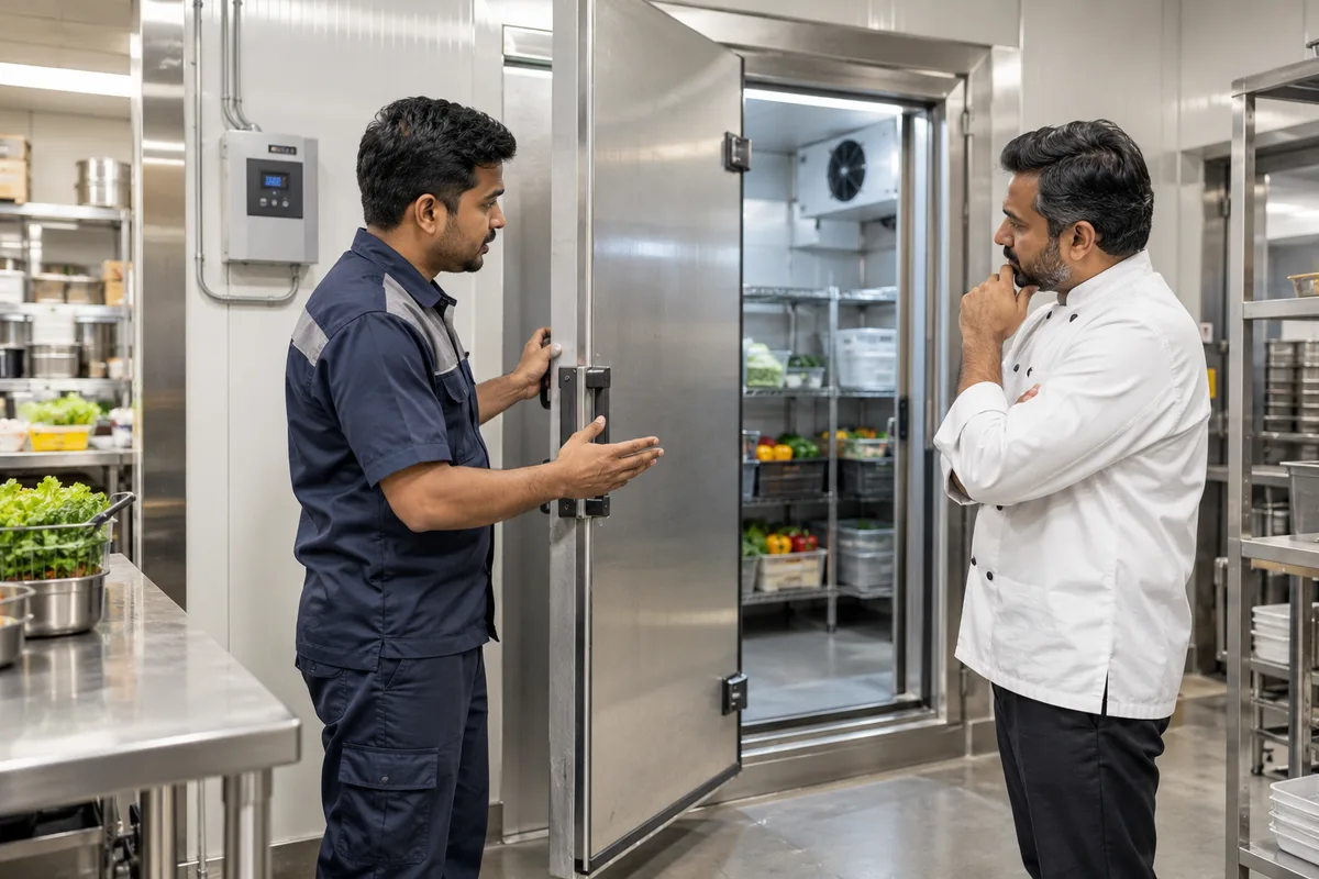 A technician demonstrates a commercial cold room