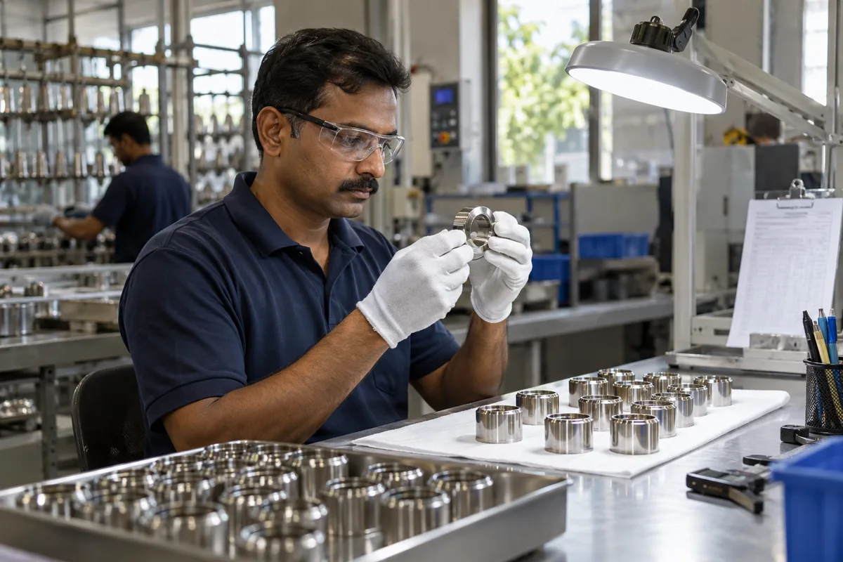 A quality inspector examines plated metal components