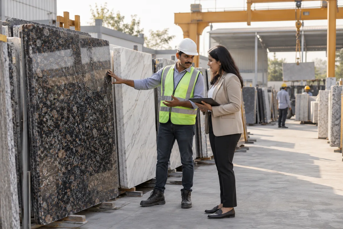 A supervisor shows granite and marble slabs to an architect