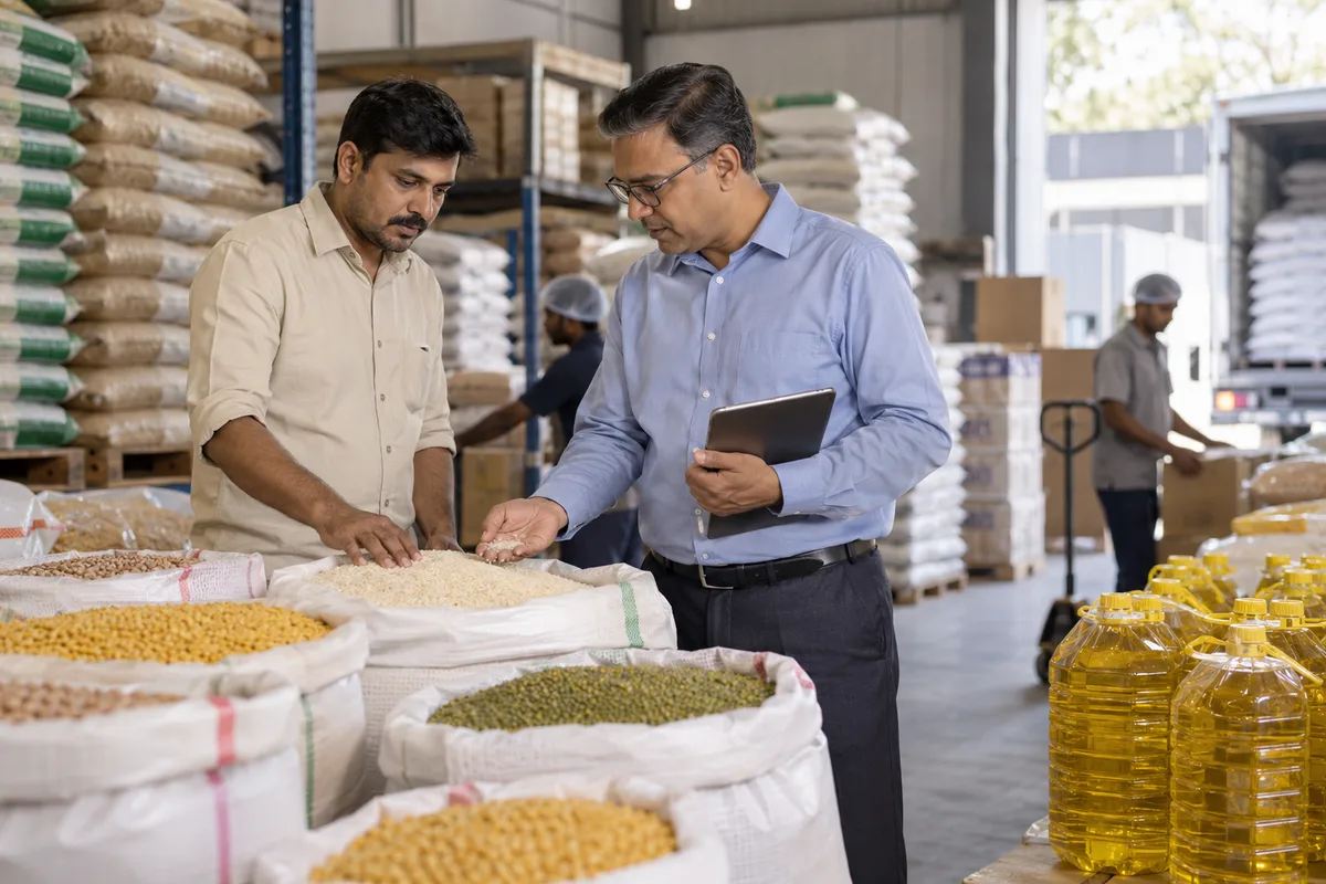 A supplier and buyer review dry goods for institutional kitchens