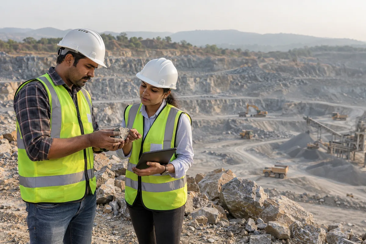 Quarry staff examine aggregate samples at a safe observation point