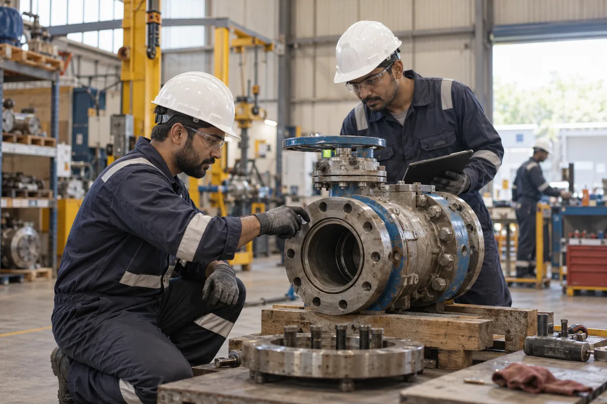Service engineers inspect an industrial valve assembly