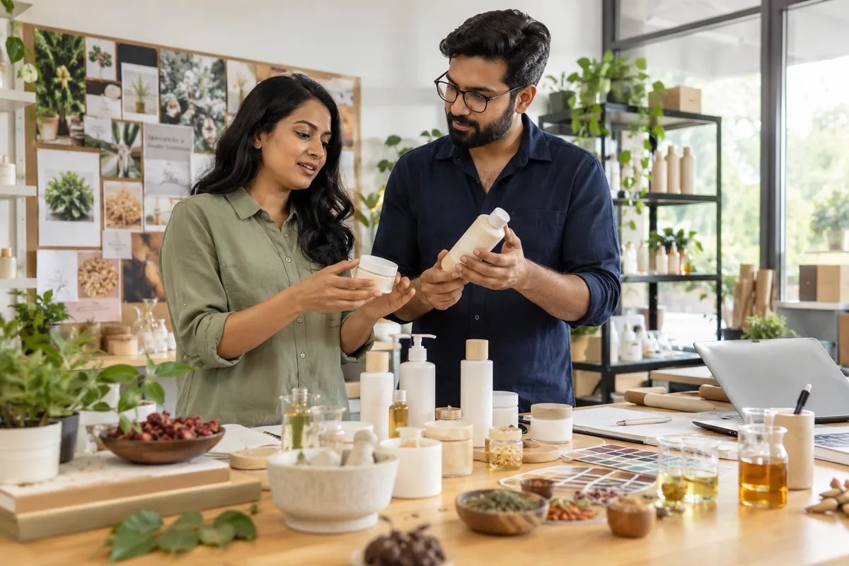 A personal care brand team reviews skincare packaging