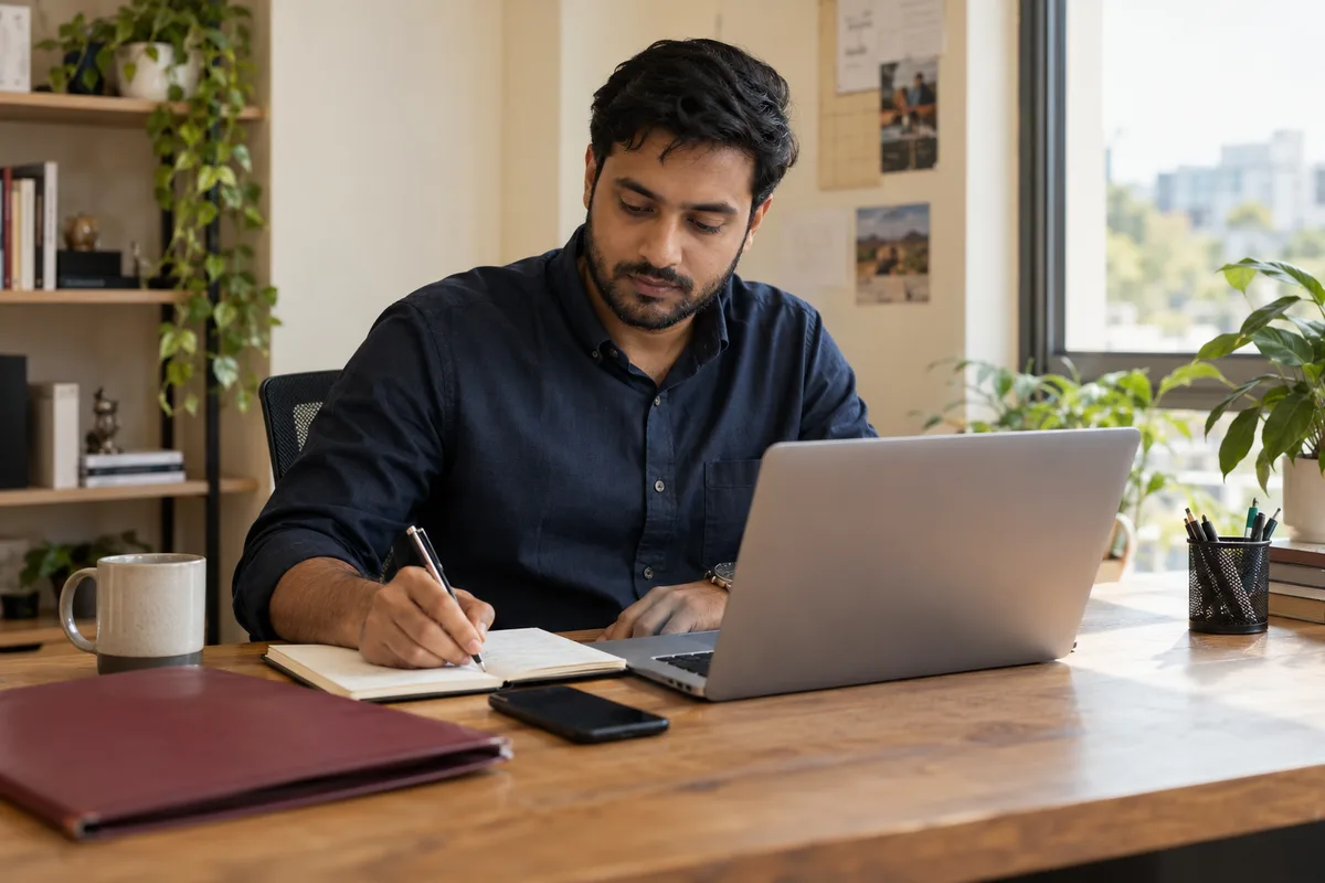A business adviser reviews a brief and makes notes before a call