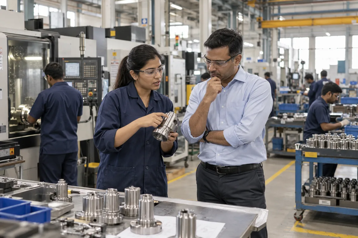 A production engineer and factory owner review a machined component