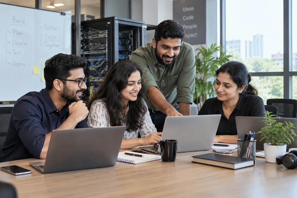A technology team and business owner collaborate around laptops