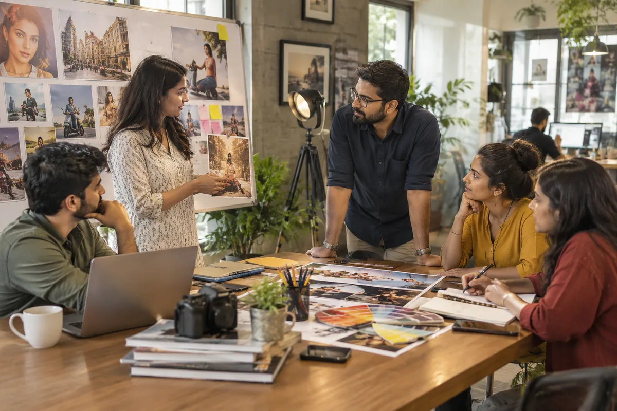 Realistic editorial illustration of advertising agencies at work in India
