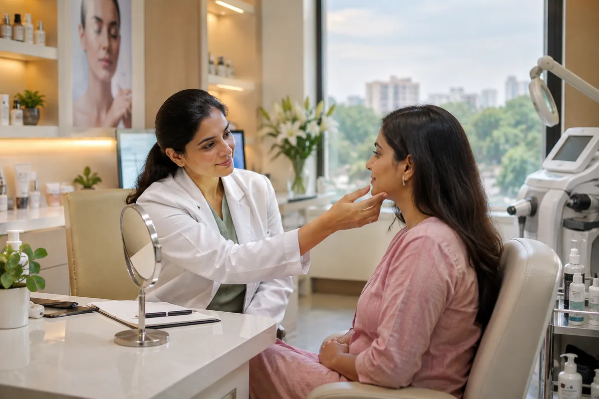 Realistic editorial illustration of aesthetic, hair and cosmetic clinics at work in India