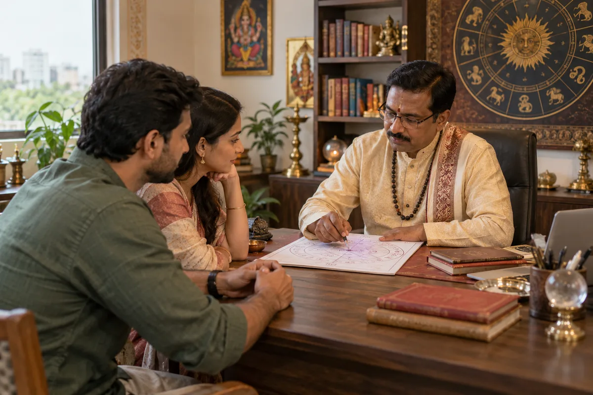 Realistic editorial illustration of astrologers at work in India