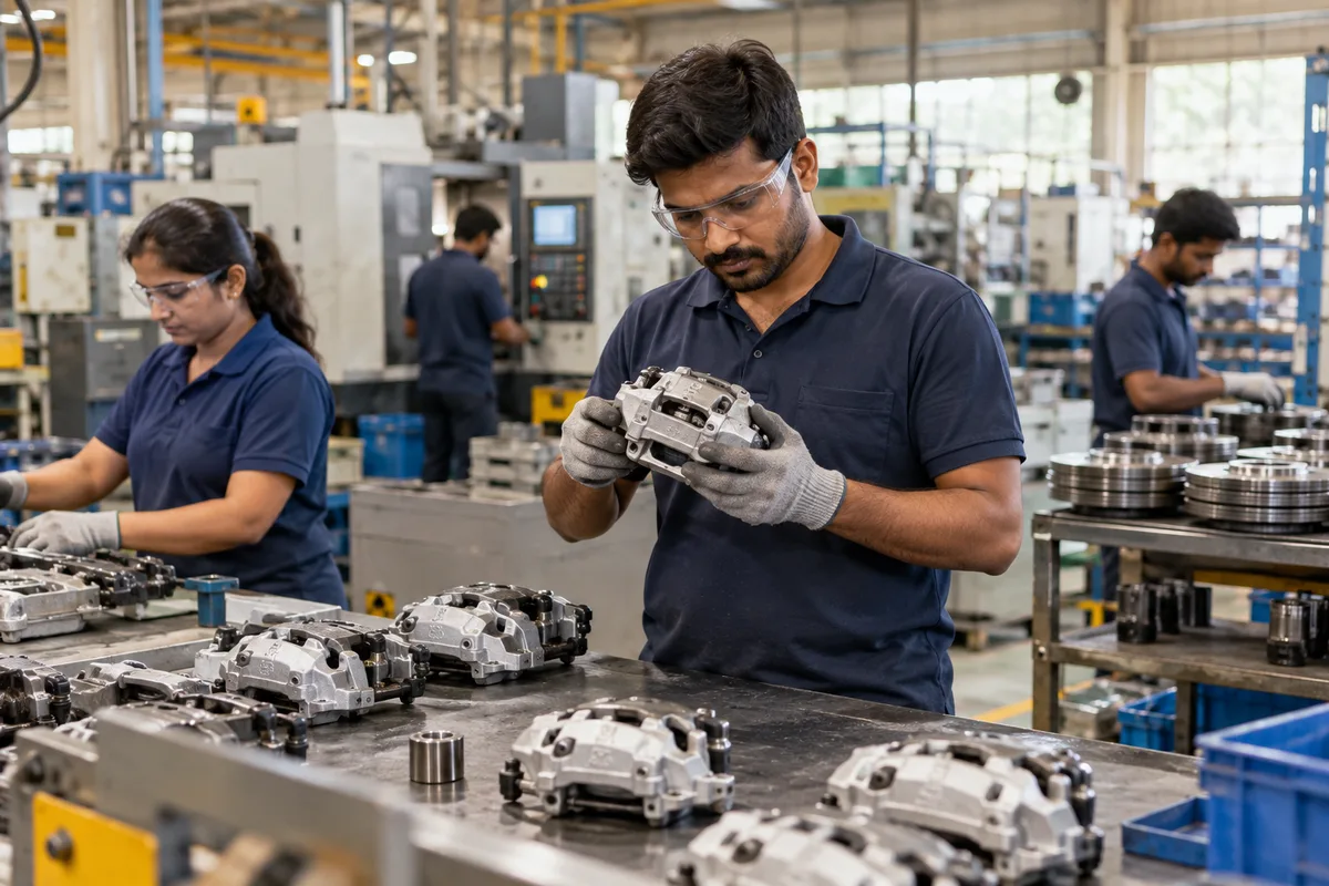 Realistic editorial illustration of auto parts manufacturers at work in India