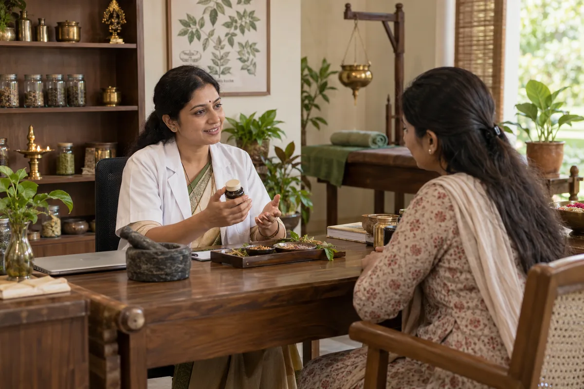 Realistic editorial illustration of ayurveda and alternative wellness centres at work in India