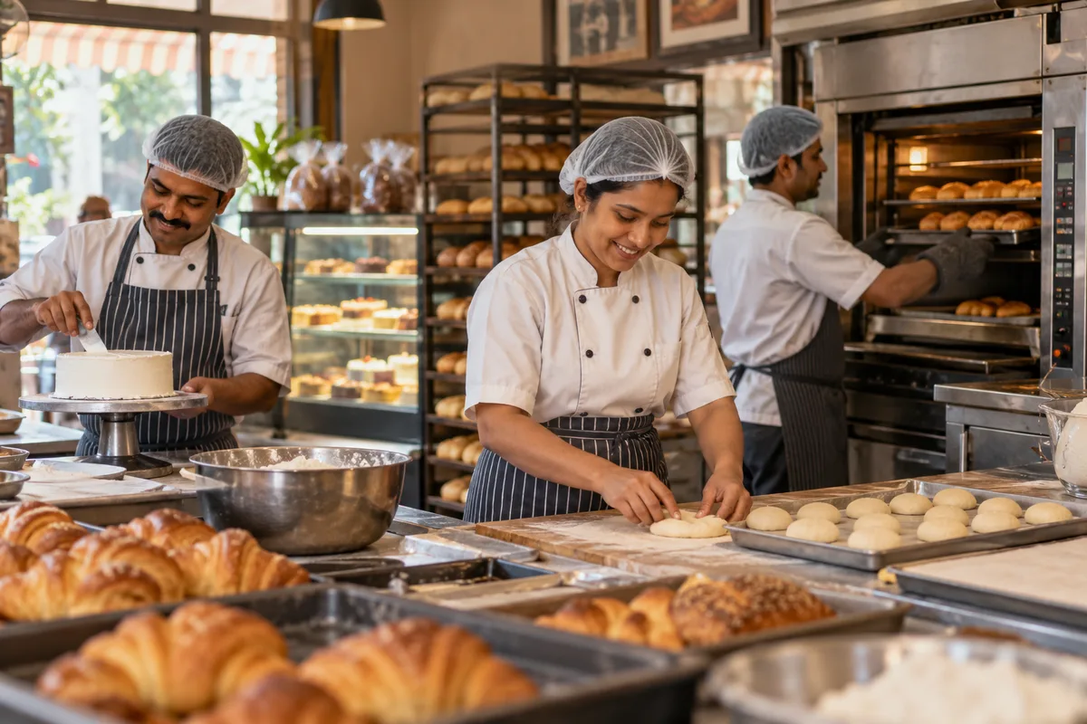 Realistic editorial illustration of bakeries at work in India