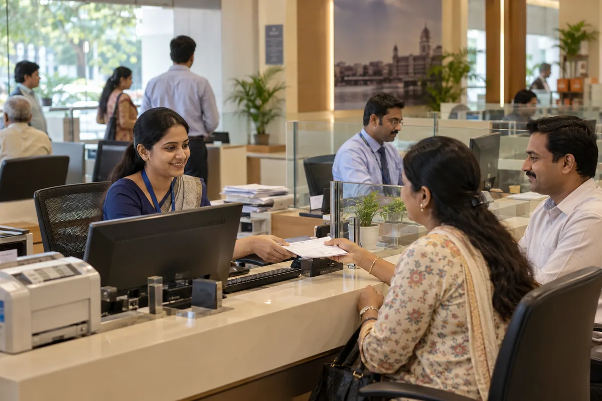 Realistic editorial illustration of banks at work in India
