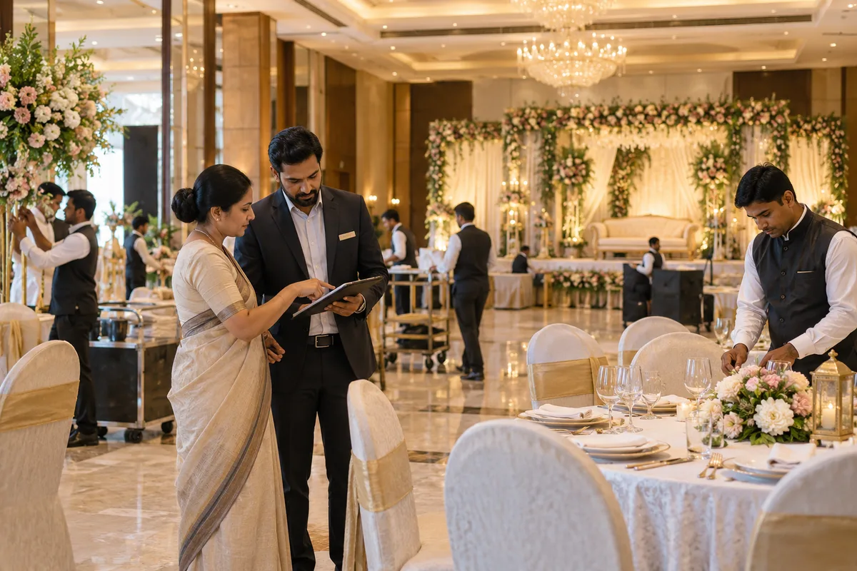 Realistic editorial illustration of banquet halls and event venues at work in India