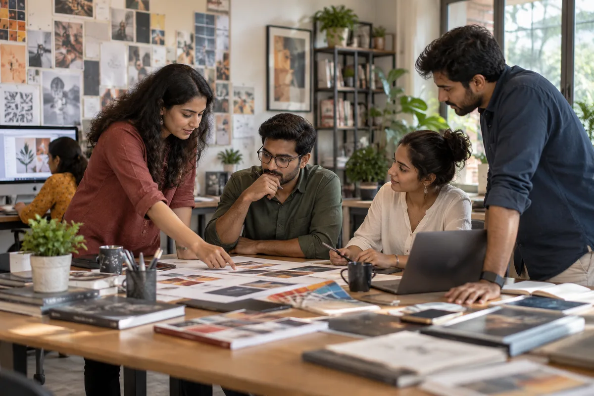 Realistic editorial illustration of branding and graphic design studios at work in India
