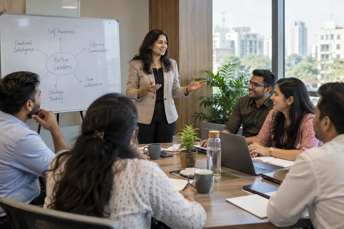 Realistic editorial illustration of business coaches and corporate trainers at work in India