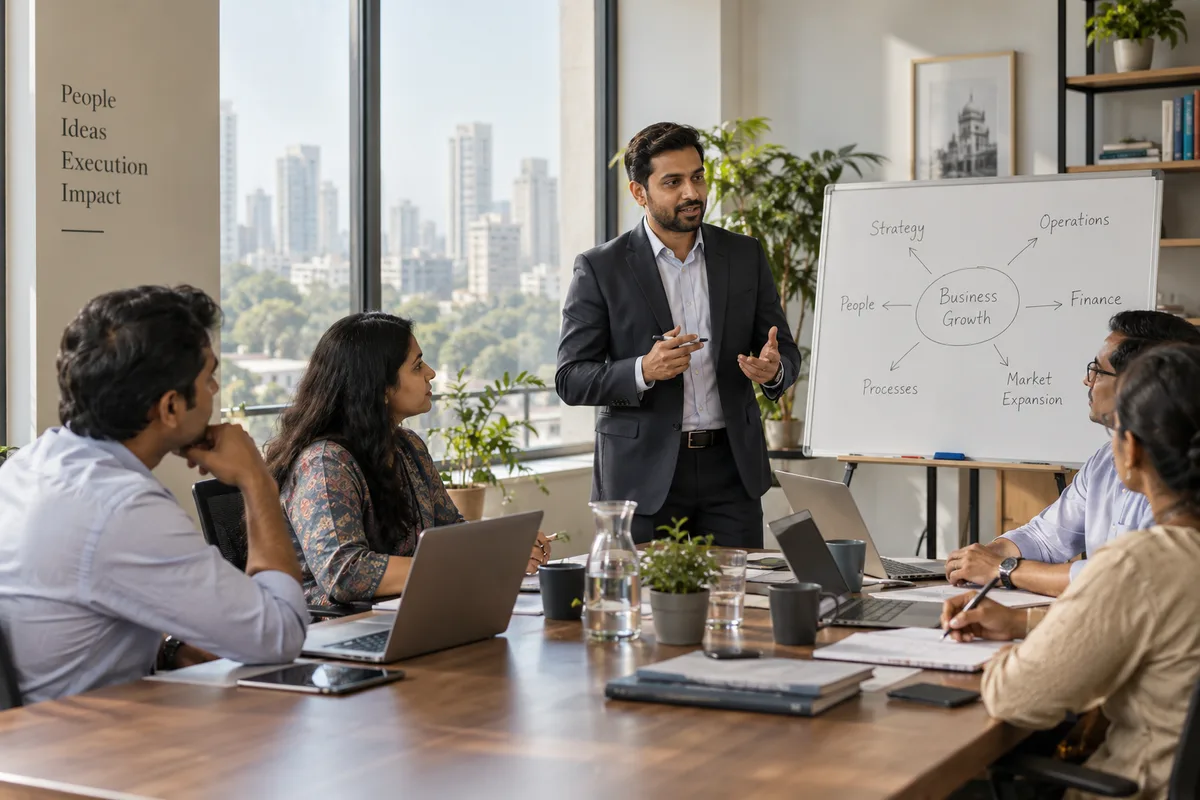 Realistic editorial illustration of business consultants at work in India