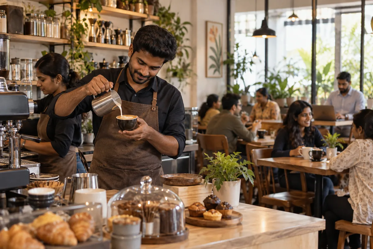 Realistic editorial illustration of cafes and coffee shops at work in India