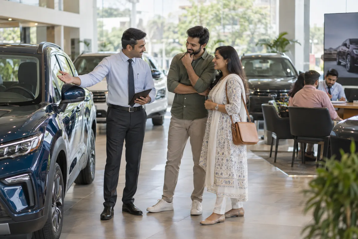 Realistic editorial illustration of car dealers at work in India