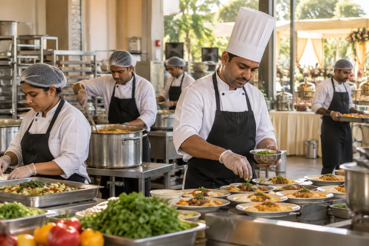 Realistic editorial illustration of caterers at work in India