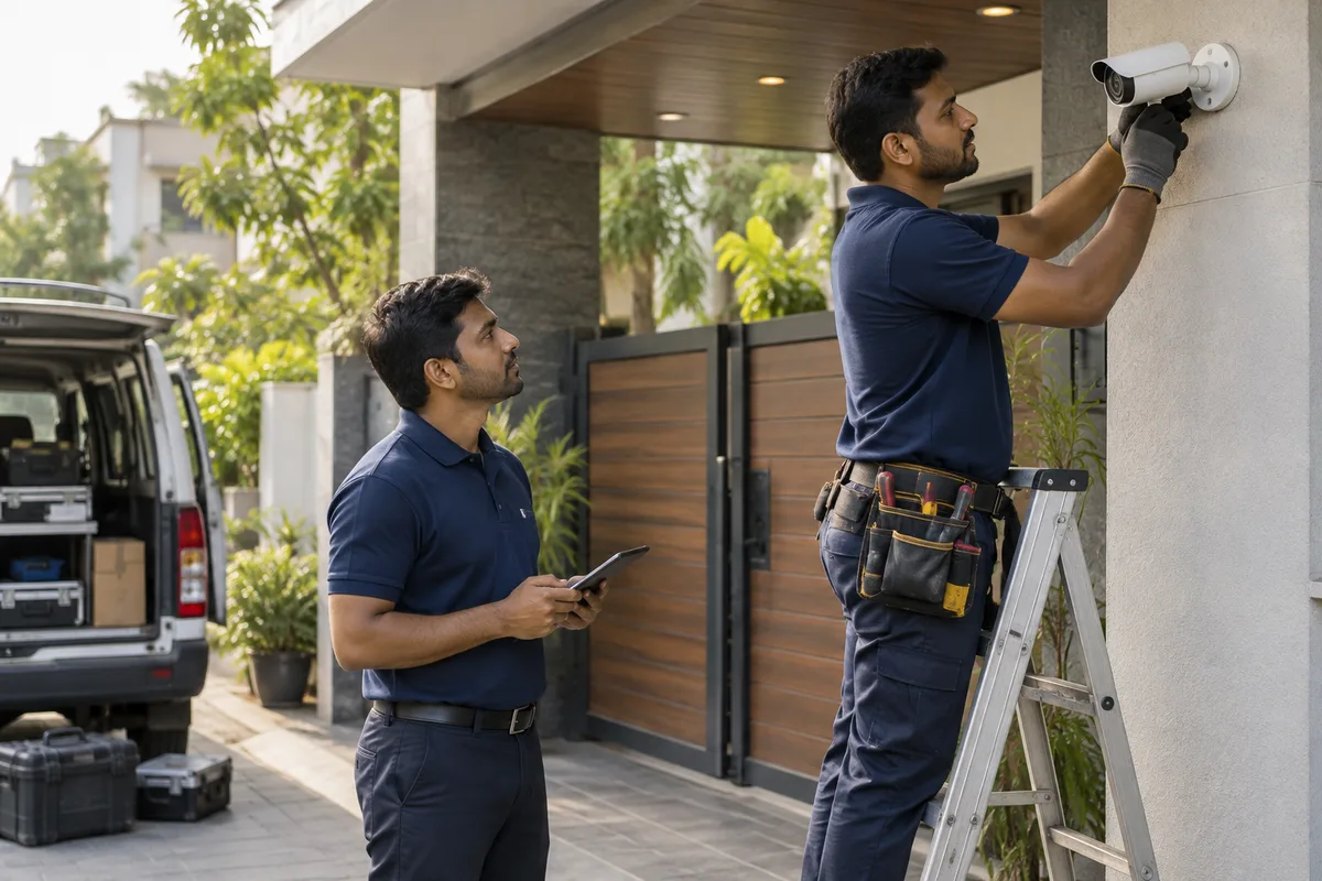 Realistic editorial illustration of cctv and security system installers at work in India