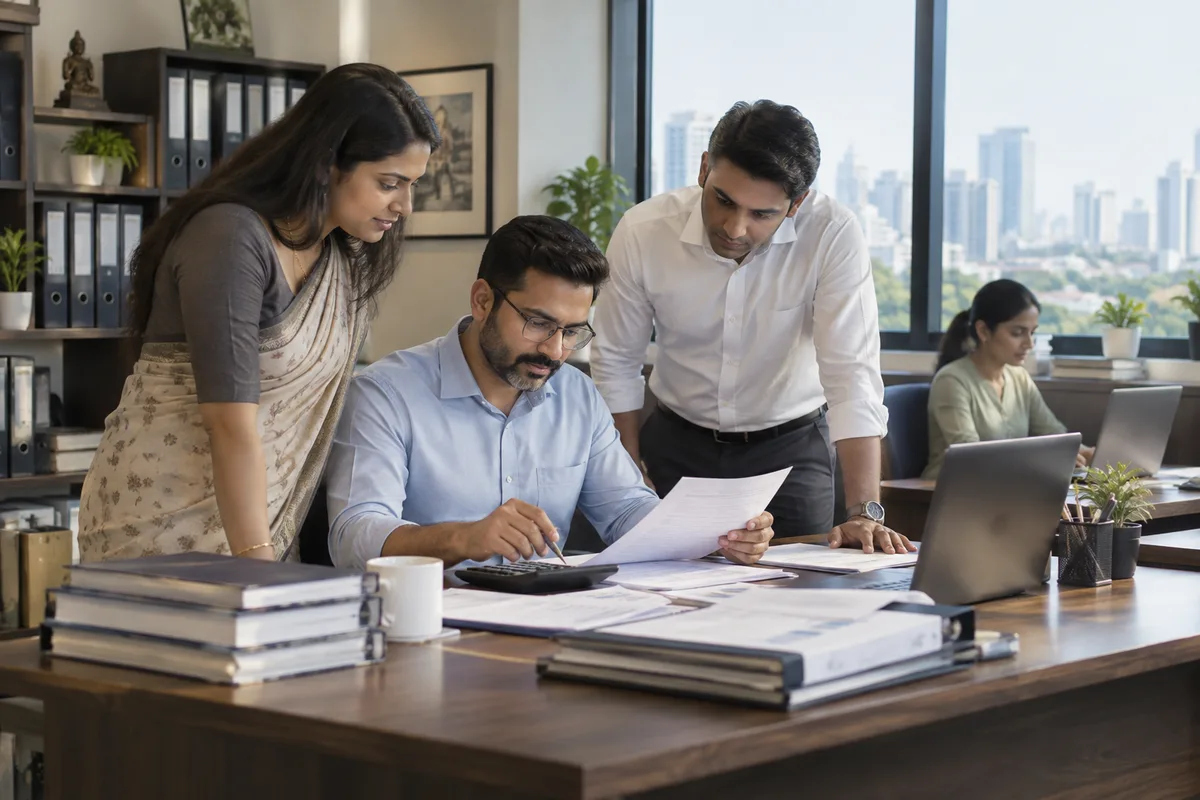 Realistic editorial illustration of chartered accountants and accounting firms at work in India