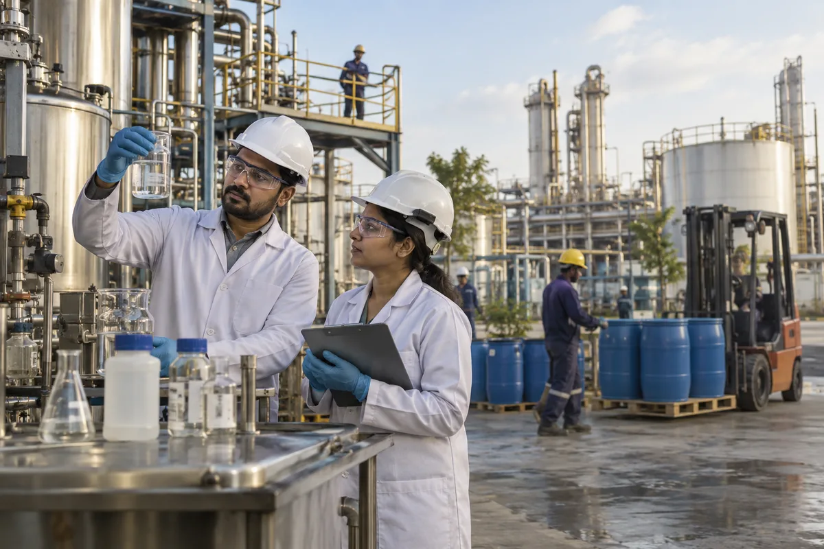 Realistic editorial illustration of chemical manufacturers at work in India
