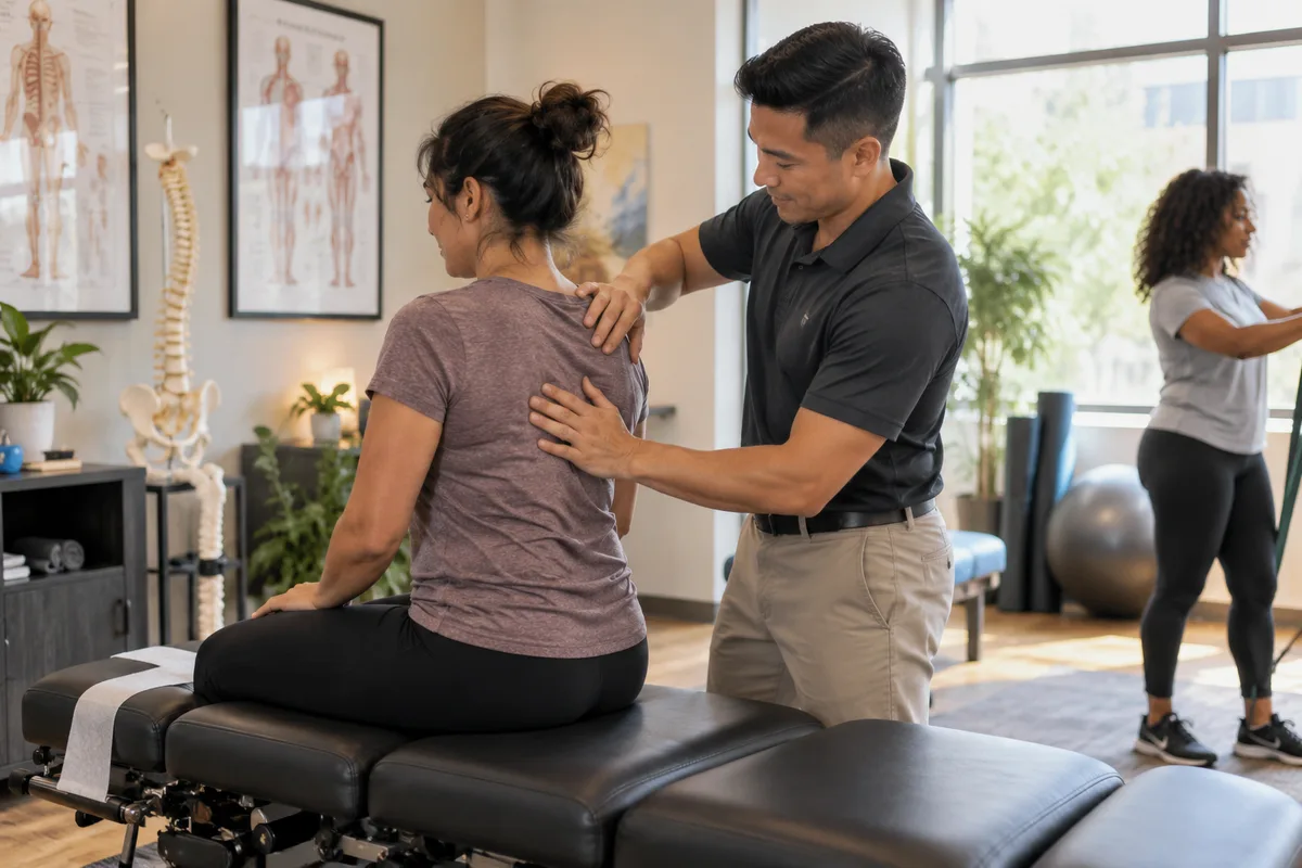 Realistic editorial illustration of chiropractic clinics at work in the United States