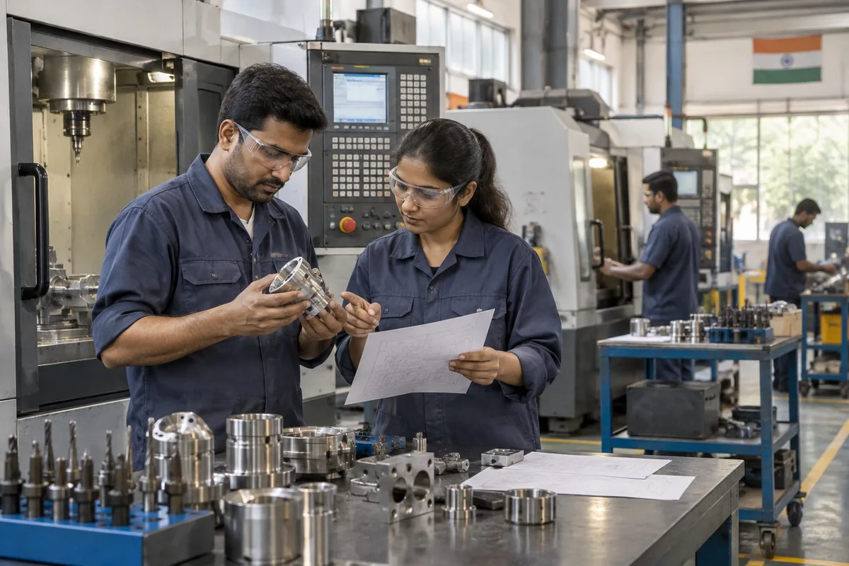 Realistic editorial illustration of cnc machining companies at work in India