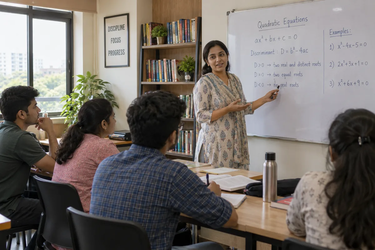 Realistic editorial illustration of coaching centres and tutors at work in India