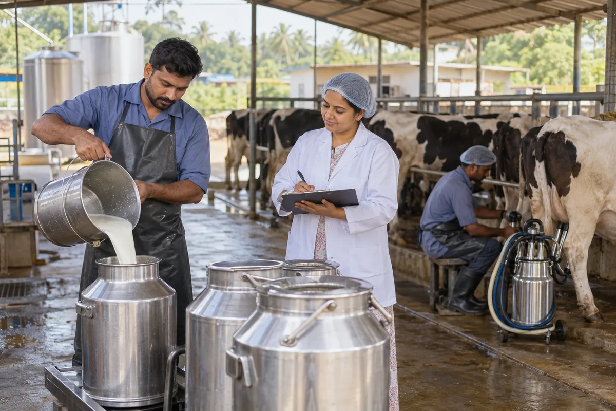 Realistic editorial illustration of dairy producers at work in India