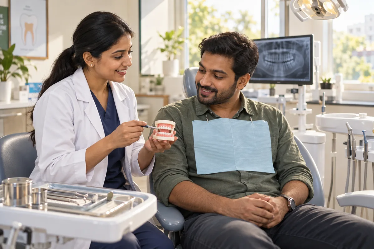 Realistic editorial illustration of dental clinics at work in India