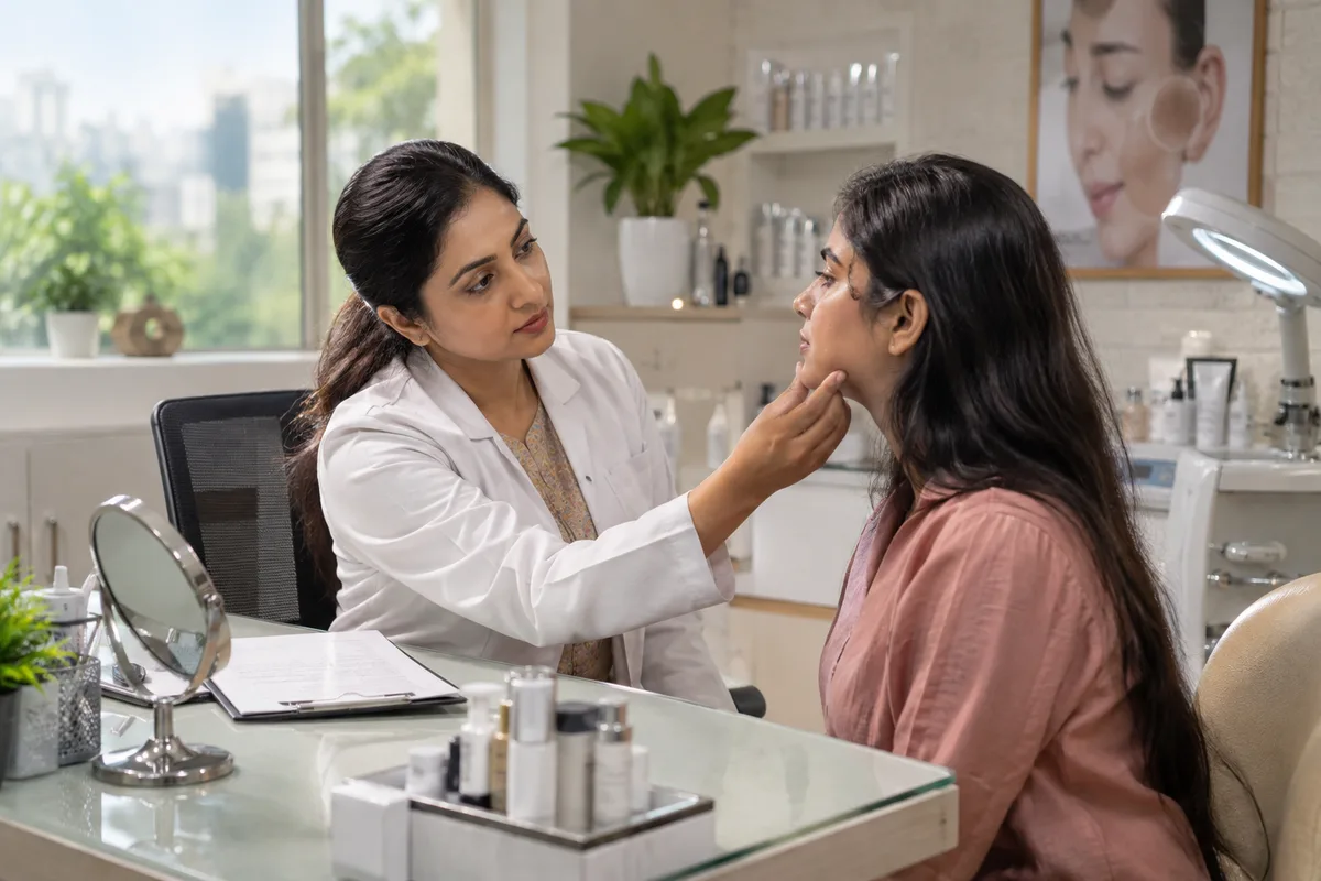 Realistic editorial illustration of dermatology clinics at work in India