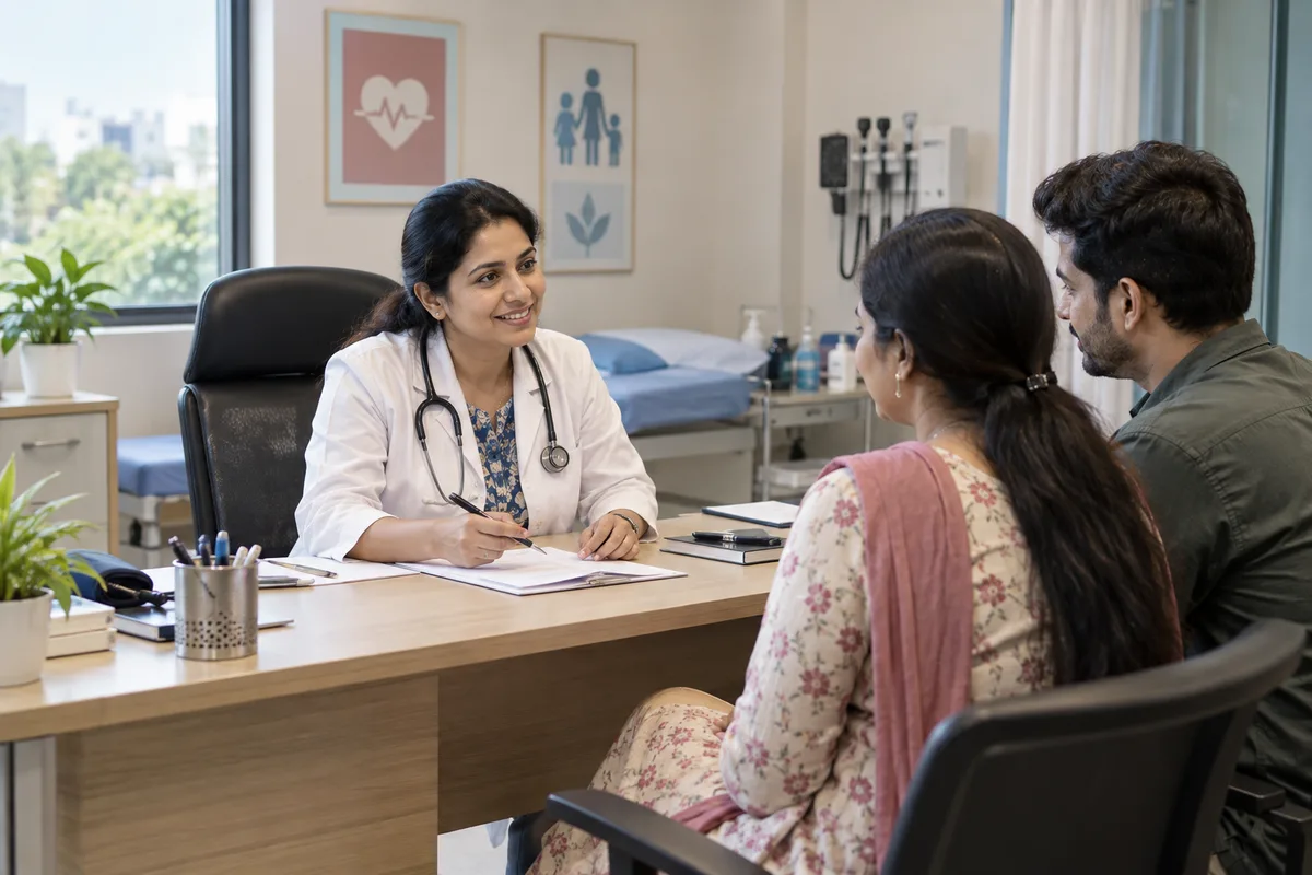 Realistic editorial illustration of doctors and general clinics at work in India